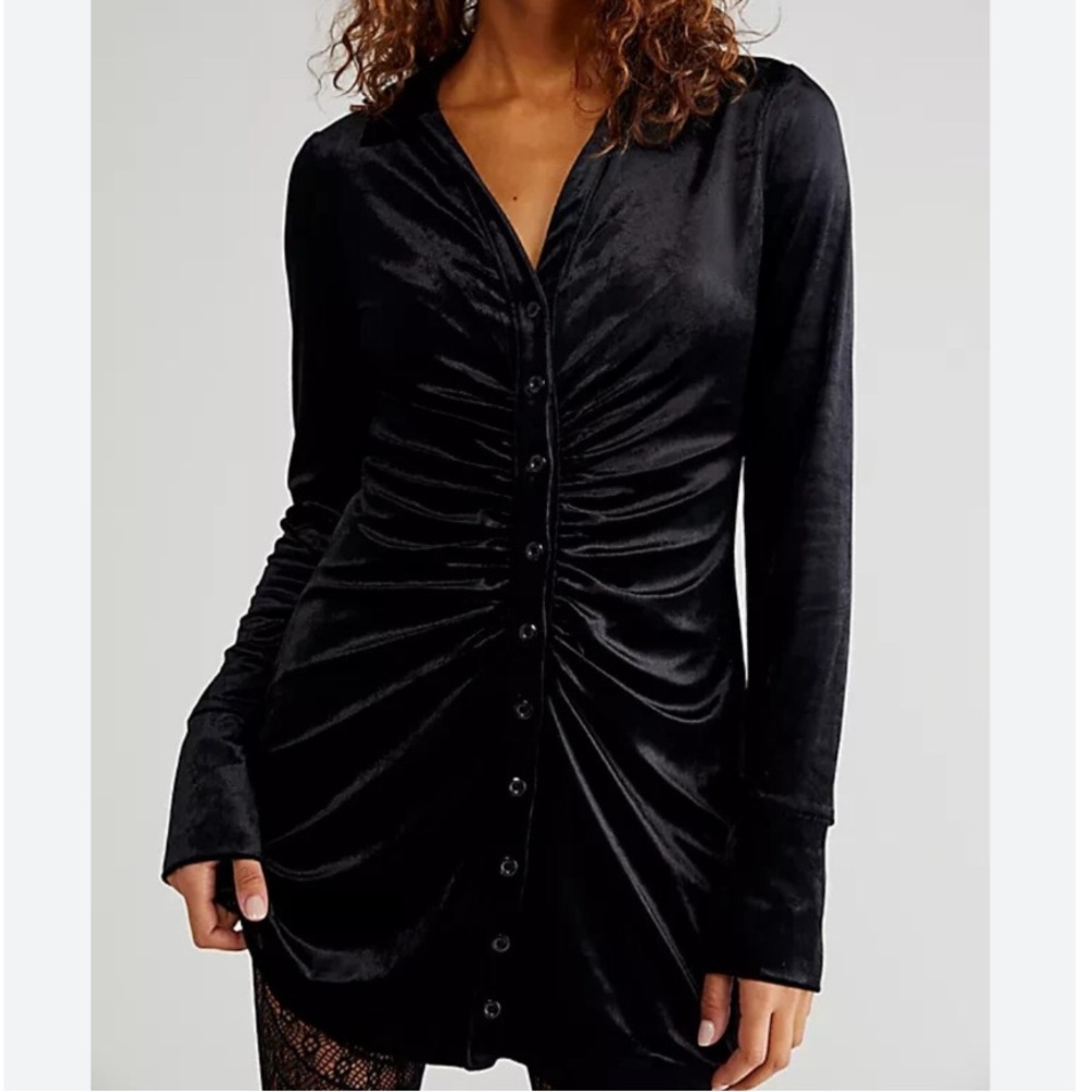 Free People Shayla Black Velvet Ruched Button-Front Dress